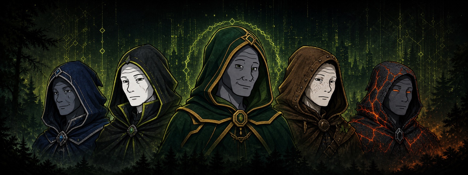 Five hooded characters from 4663 Hoods